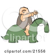 Happy Caveman Holding The Reins To A Green Dinosaur And Riding On His Back