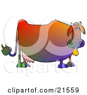 Clipart Illustration Of A Depressed Fat Colorful Dairy Cow Wearing A Bell On Its Neck