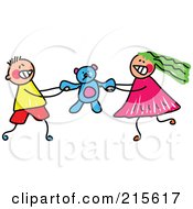 Royalty Free RF Clipart Illustration Of A Childs Sketch Of A Boy And Girl Fighting Over A Teddy Bear