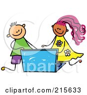Poster, Art Print Of Childs Sketch Of A Boy And Girl Using A Laptop