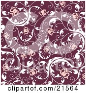 Clipart Illustration Of A Floral Background Of Blooming Pink Flowers On Elegant White Vines Over Red by OnFocusMedia