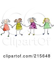 Poster, Art Print Of Childs Sketch Of Four Girls Holding Hands