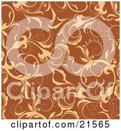 Clipart Illustration Of Elegant Yellow Leafy Vines Scrolling Over An Orange Background