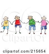 Poster, Art Print Of Childs Sketch Of A Group Of Happy Boys Holding Hands