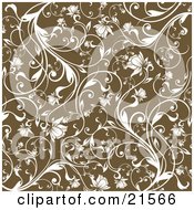 Clipart Illustration Of A Floral Background Of White Vines And Blooming Flowers Over Brown