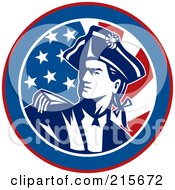 Royalty Free RF Clipart Illustration Of An American Revolutionary War Soldier Over A Flag Circle by patrimonio #COLLC215672-0113