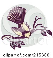 Royalty Free RF Clipart Illustration Of A Retro New Zealand Fantail Bird Rhipidura Fuliginosa On A Branch by patrimonio