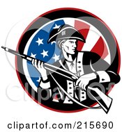 Revolutionary War Soldier Holding A Rifle Over An American Flag Circle