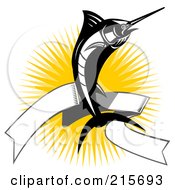 Poster, Art Print Of Black And White Marlin Jumping Over A Blank Banner