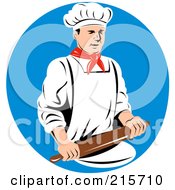 Poster, Art Print Of Retro Chef Using A Rolling Pin Over A Blue Circle