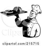 Poster, Art Print Of Retro Black And White Chef Serving Cakes
