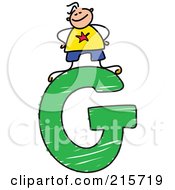 Royalty Free RF Clipart Illustration Of A Childs Sketch Of A Boy On Top Of A Capital Letter G