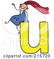Royalty Free RF Clipart Illustration Of A Childs Sketch Of A Girl On Top Of A Lowercase Letter U