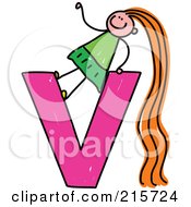 Poster, Art Print Of Childs Sketch Of A Girl On Top Of A Lowercase Letter V