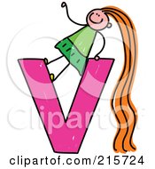 Royalty Free RF Clipart Illustration Of A Childs Sketch Of A Girl On Top Of A Lowercase Letter V by Prawny