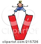 Royalty Free RF Clipart Illustration Of A Childs Sketch Of A Boy On Top Of A Lowercase Letter V by Prawny