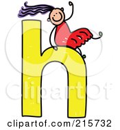 Poster, Art Print Of Childs Sketch Of A Girl On Top Of A Lowercase Letter H