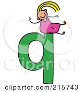 Royalty Free RF Clipart Illustration Of A Childs Sketch Of A Girl On Top Of A Lowercase Letter Q