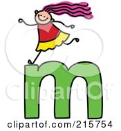 Royalty Free RF Clipart Illustration Of A Childs Sketch Of A Girl On Top Of A Lowercase Letter M