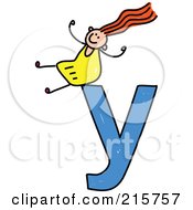Royalty Free RF Clipart Illustration Of A Childs Sketch Of A Girl On Top Of A Lowercase Letter Y by Prawny