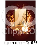 Clipart Illustration Of An Electric Guitar And Trumpet With A Blank Banner And Rectangular Space With Floral And Vine Accents Over A Dark Red Background by OnFocusMedia