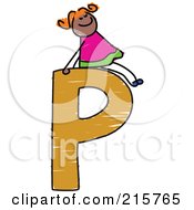 Royalty Free RF Clipart Illustration Of A Childs Sketch Of A Girl On Top Of A Capital Letter P