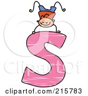Royalty Free RF Clipart Illustration Of A Childs Sketch Of A Boy On Top Of A Capital Letter S by Prawny