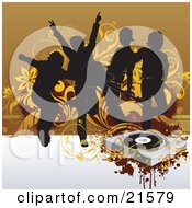 Clipart Illustration Of Silhouetted Young Men Jumping And Playing Guitars While Playing At Band Practice Near A Vinly Record Player