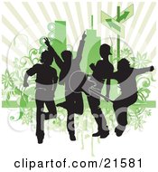 Poster, Art Print Of Four Silhouetted Guys In A Band Rocking Out And Playing A Guitar Against A Green Background