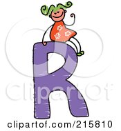Royalty Free RF Clipart Illustration Of A Childs Sketch Of A Girl On Top Of A Capital Letter R by Prawny