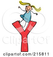 Royalty Free RF Clipart Illustration Of A Childs Sketch Of A Girl On Top Of A Capital Letter Y by Prawny