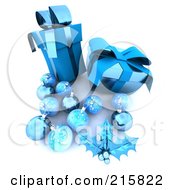Royalty Free RF Clipart Illustration Of 3d Blue Holly Baubles And Gifts by KJ Pargeter