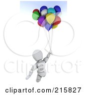 Poster, Art Print Of 3d White Character Flying Away With Balloons