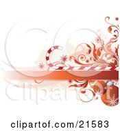 Poster, Art Print Of Orange-Red Christmas Baubles With Snowflake Designs Hanging Under A Blank Banner With Vines And Candycanes