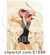 Clipart Illustration Of A Faceless Red Haired Caucasian Woman In A Little Black Dress Dancing Wearing Music Headphones by OnFocusMedia