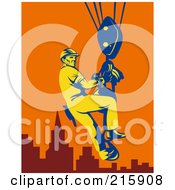 Royalty Free RF Clipart Illustration Of A Construction Worker Riding On A Hoist