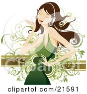 Poster, Art Print Of Pretty Brunette Caucasian Woman In A Green Dress Closing Her Eyes And Dancing While Listening To Tunes Through Headphones