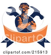 Royalty Free Vector RF Clipart Illustration Of A Retro Carpenter Over A Crossed Hammer Wrench And Orange Banner by patrimonio #COLLC215913-0113