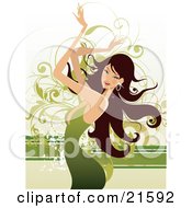 Stylish Brunette Caucasian Woman Wearing A Green Dress And Waving Her Arms In The Air While Dancing