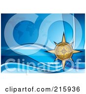 Royalty Free RF Clipart Illustration Of A Golden Compass Over A Blue Wave And Atlas Background by MilsiArt