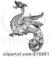 Royalty Free RF Clipart Illustration Of A Vintage Black And White Dragon Design With A Curled Leafy Tail by BestVector
