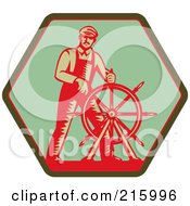 Poster, Art Print Of Retro Captain Steering A Helm On A Green Sign