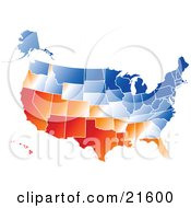Gradient Red Orange White And Blue United States Of America Map With All States On A White Background