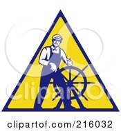 Poster, Art Print Of Retro Captain Steering A Helm On A Yellow Sign