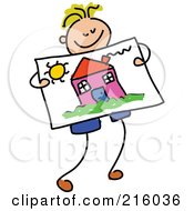 Poster, Art Print Of Childs Sketch Of A Boy Holding A Drawing Of A House