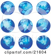 Poster, Art Print Of Nine Global Views Of The Different Continents On Planet Earth In Blue Tones