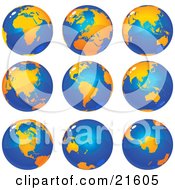 Poster, Art Print Of Nine Views Of The Continents On Planet Earth In Orange And Tones