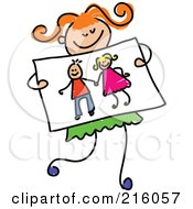 Poster, Art Print Of Childs Sketch Of A Girl Holding A Drawing Of Kids Holding Hands