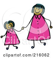Poster, Art Print Of Childs Sketch Of A Happy Mom And Daughter Holding Hands And Wearing Matching Clothes