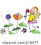 Royalty Free RF Clipart Illustration Of A Childs Sketch Of A Girl Picking And Smelling Flowers In A Garden
